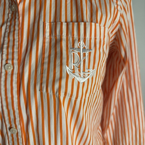 Lauren Ralph Lauren Orange Striped Button Down Shirt 3/4 Sleeves - Picture 3 of 9
